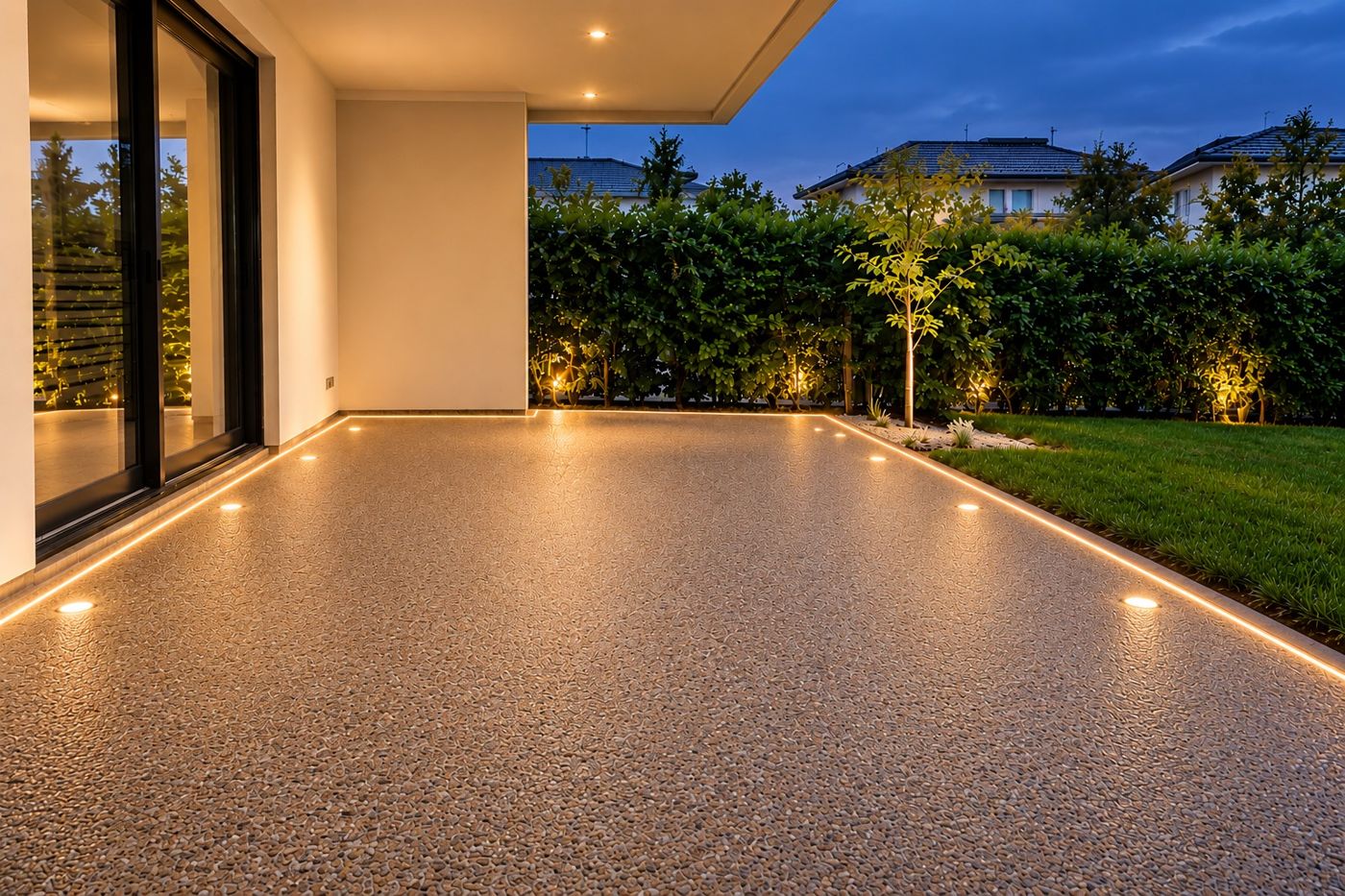 The same terrace with a MOZAR stone carpet and floor lights