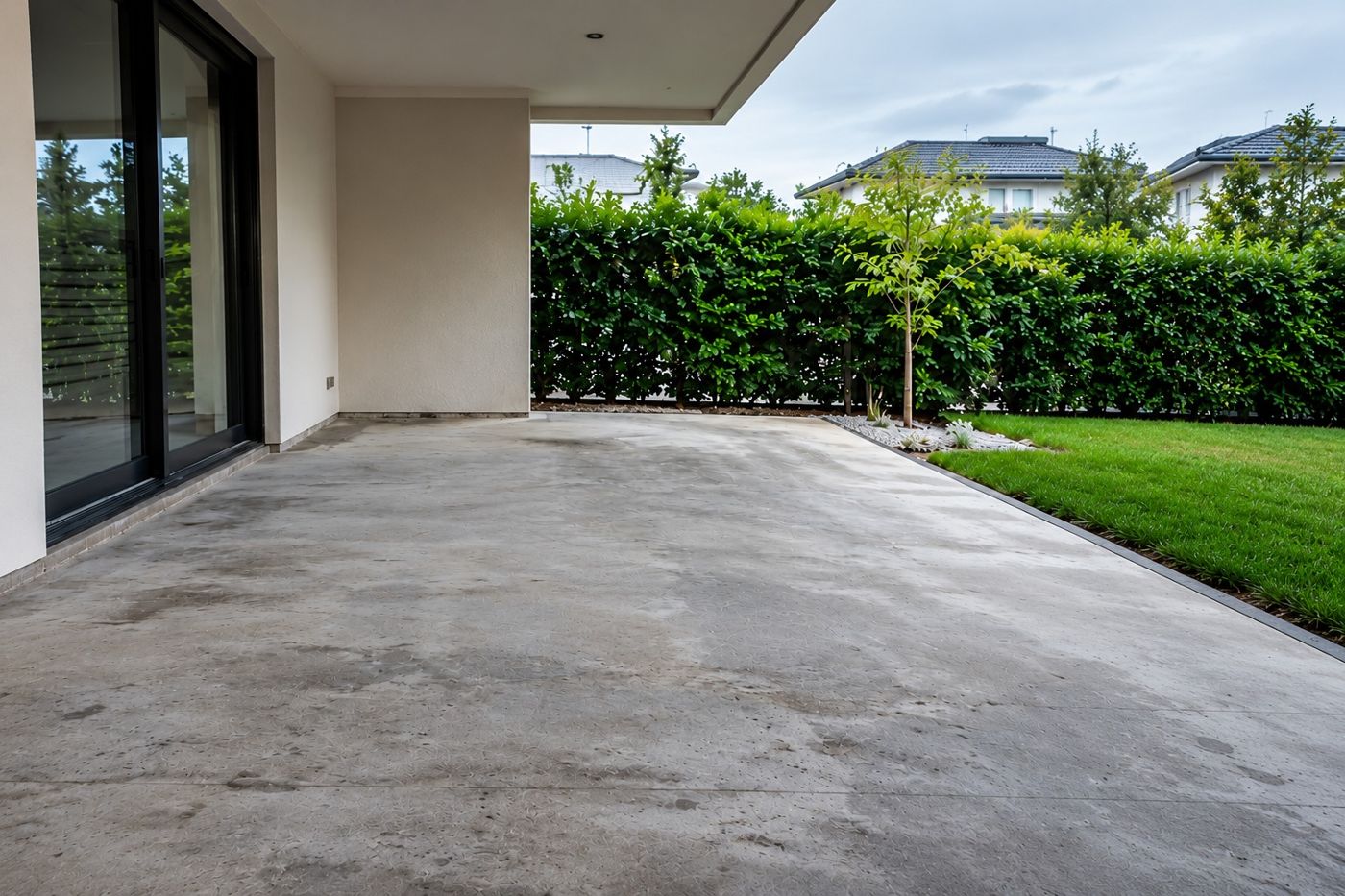 Terrace with grey concrete floor before the installation